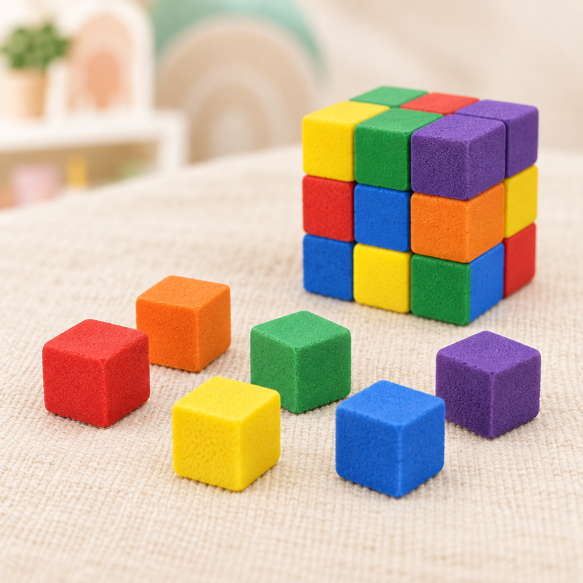 BygKlem scene: nærbillede – bløde klodser i seks farver og en lille konstruktion
