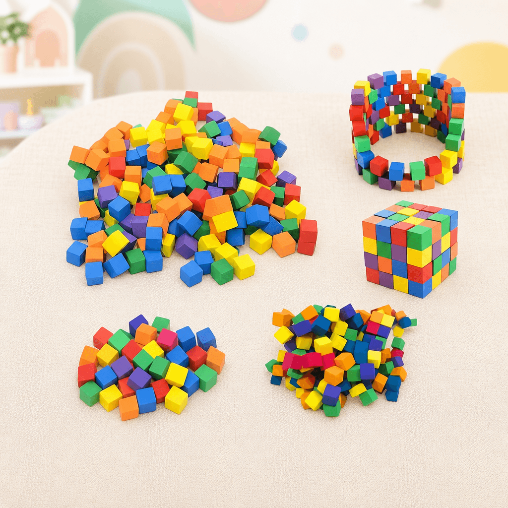 BygKlem – originale bløde byggeklodser i seks farver med eksempler på små konstruktioner