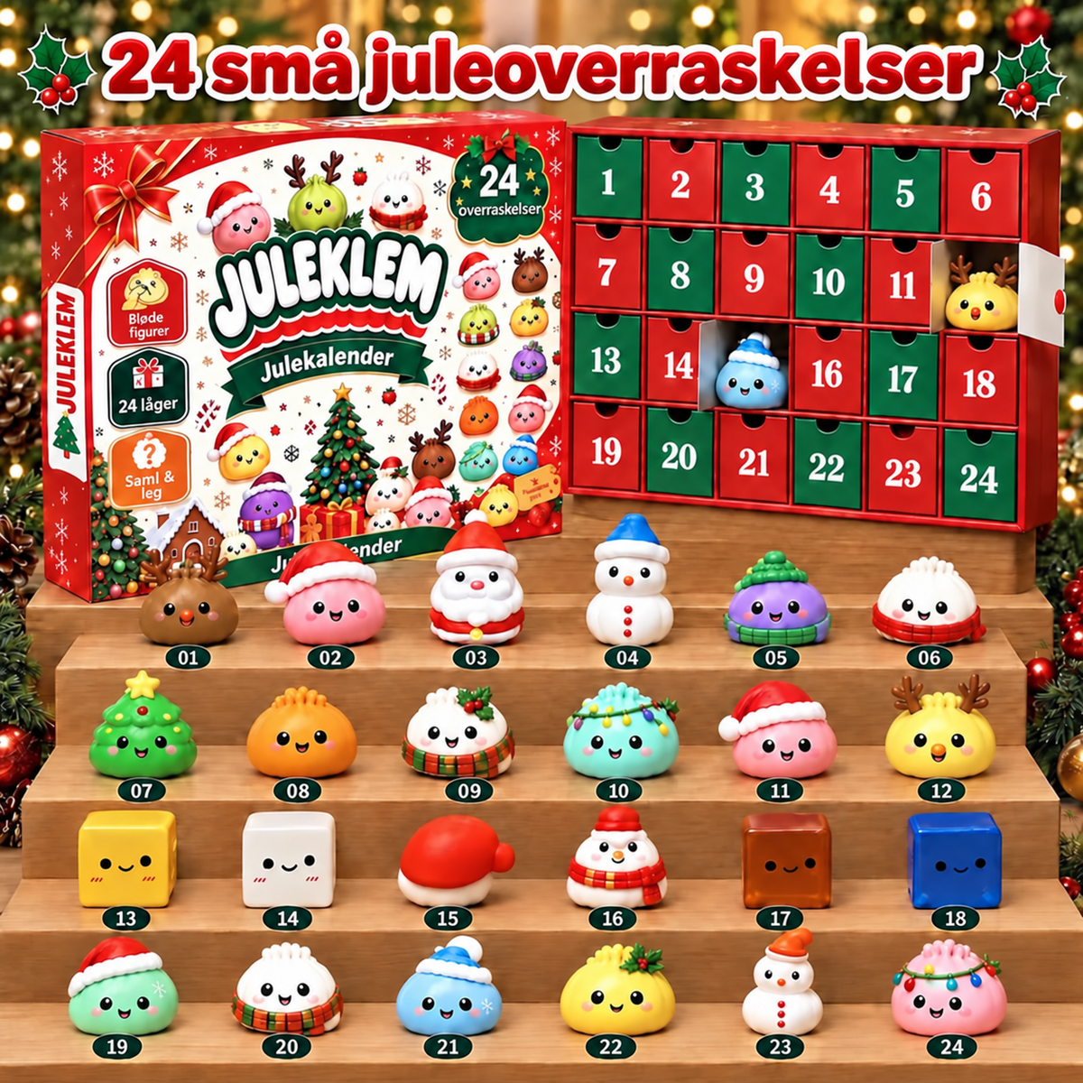 Juleklem julekalender med leverandørens 24 figurer og nummererede låger