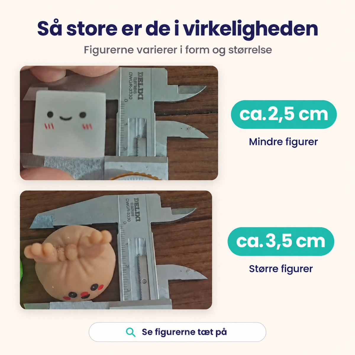 Størrelsesmåling af Juleklem-figurer på cirka 2,5 og 3,5 cm
