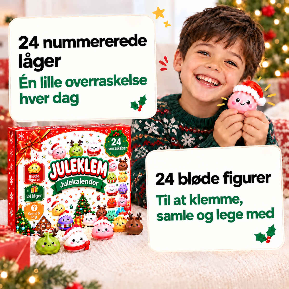 Barn med Juleklem-figur og fakta om kalenderens indhold