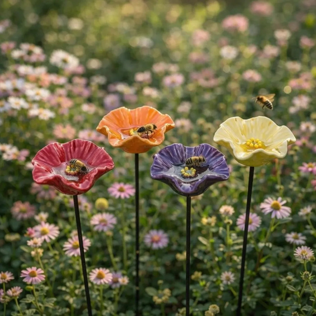 Håndlavede Biene Blomster – Vejrbestandige Keramik Drikkeskåle, 4-pak