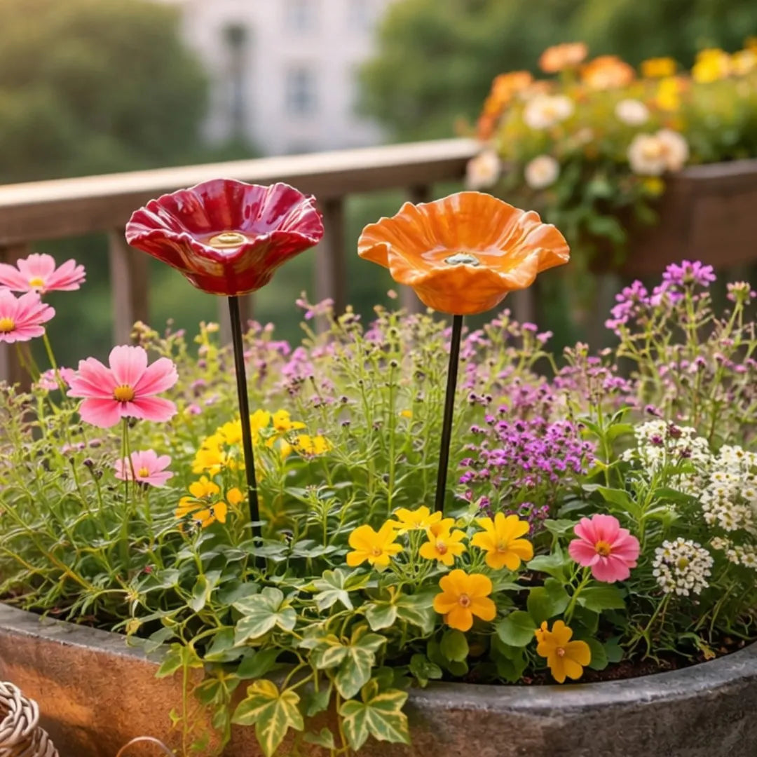 Håndlavede Biene Blomster – Vejrbestandige Keramik Drikkeskåle, 4-pak