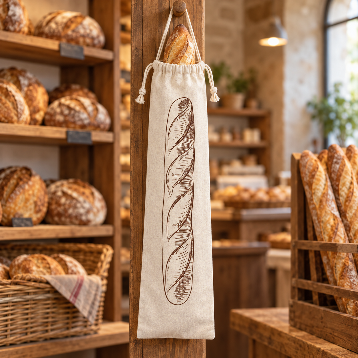 Baguettepose med frisk baguette i et dansk bageri