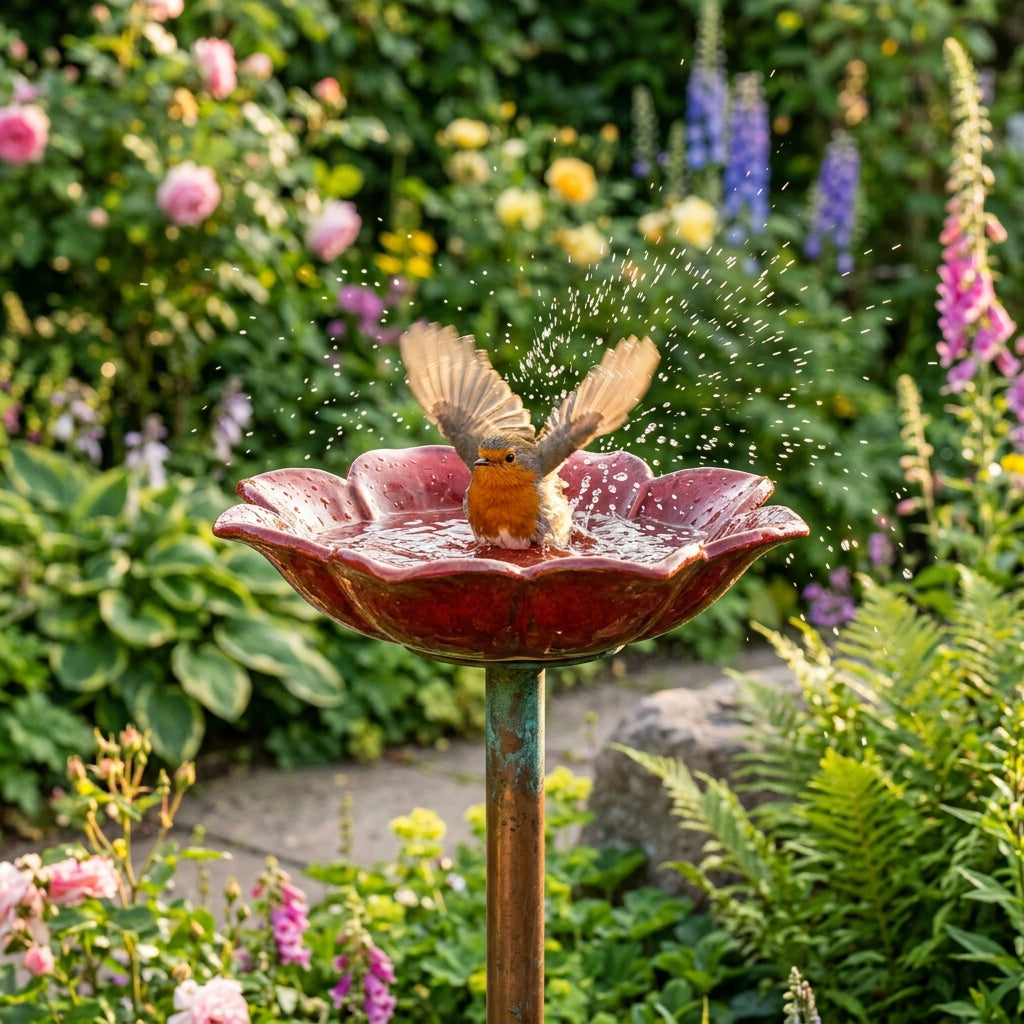 Fugl der bader i blomsterfuglebad i have
