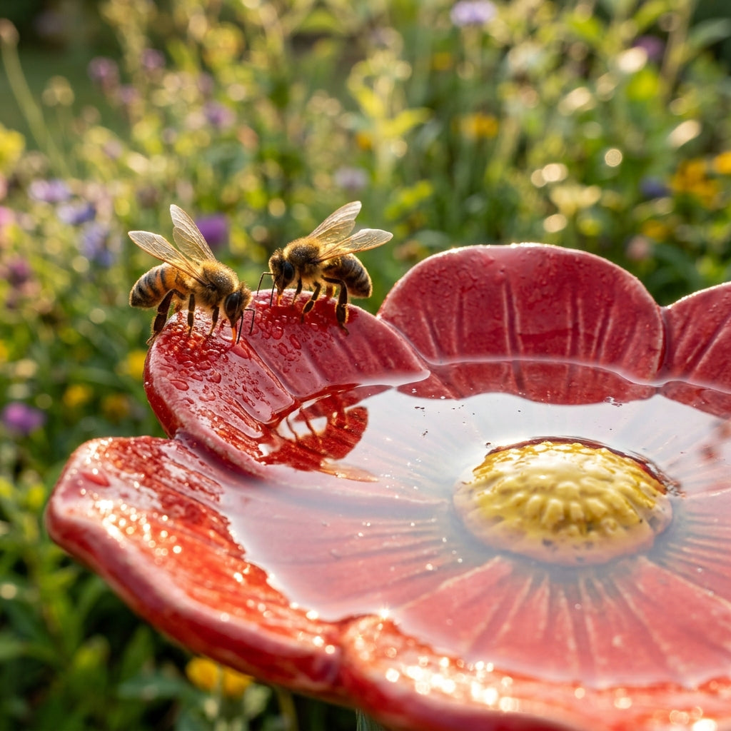 Bier der drikker fra blomsterfuglebad
