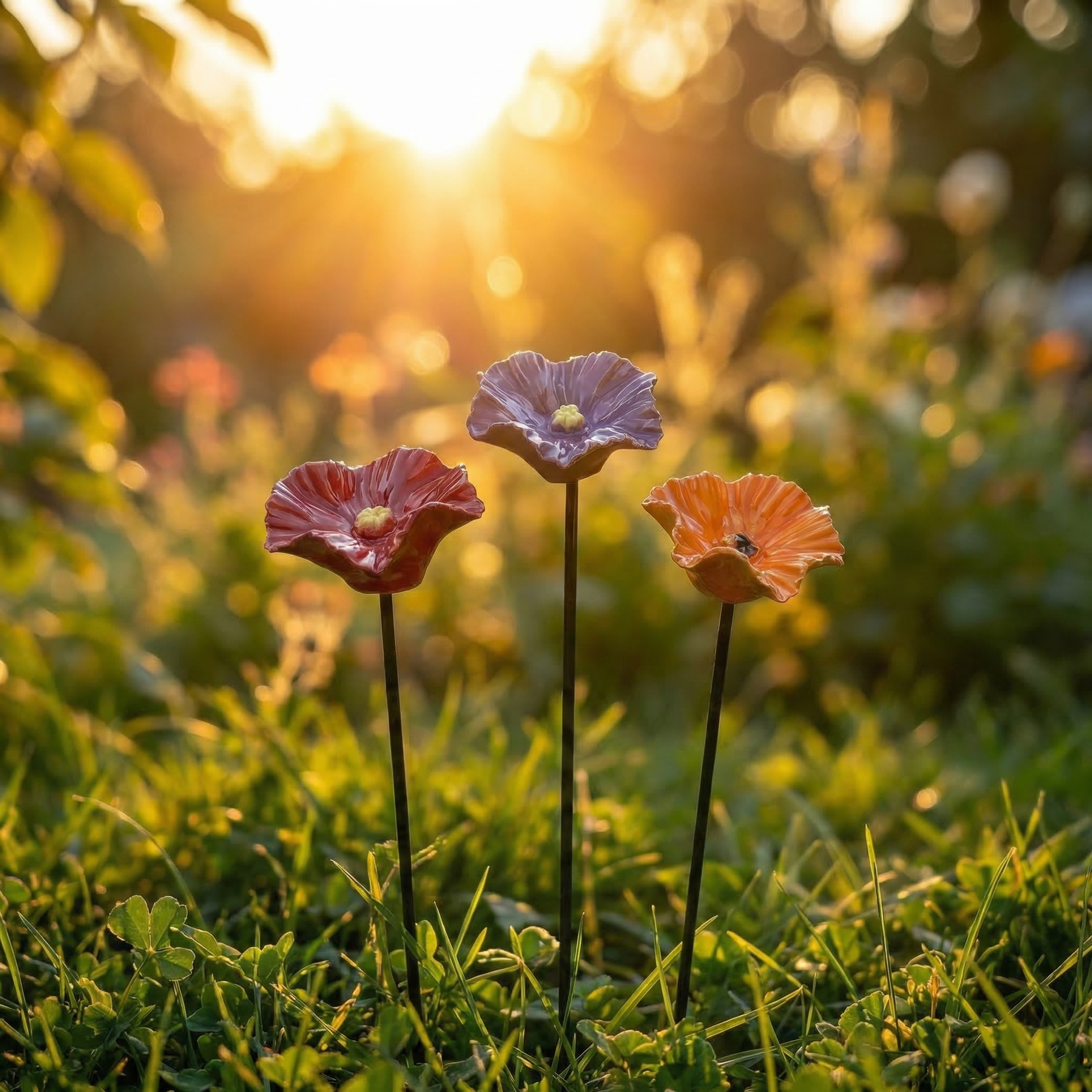 Keramiske Bivandere – 4 Håndlavede Blomsterskåle til Haven