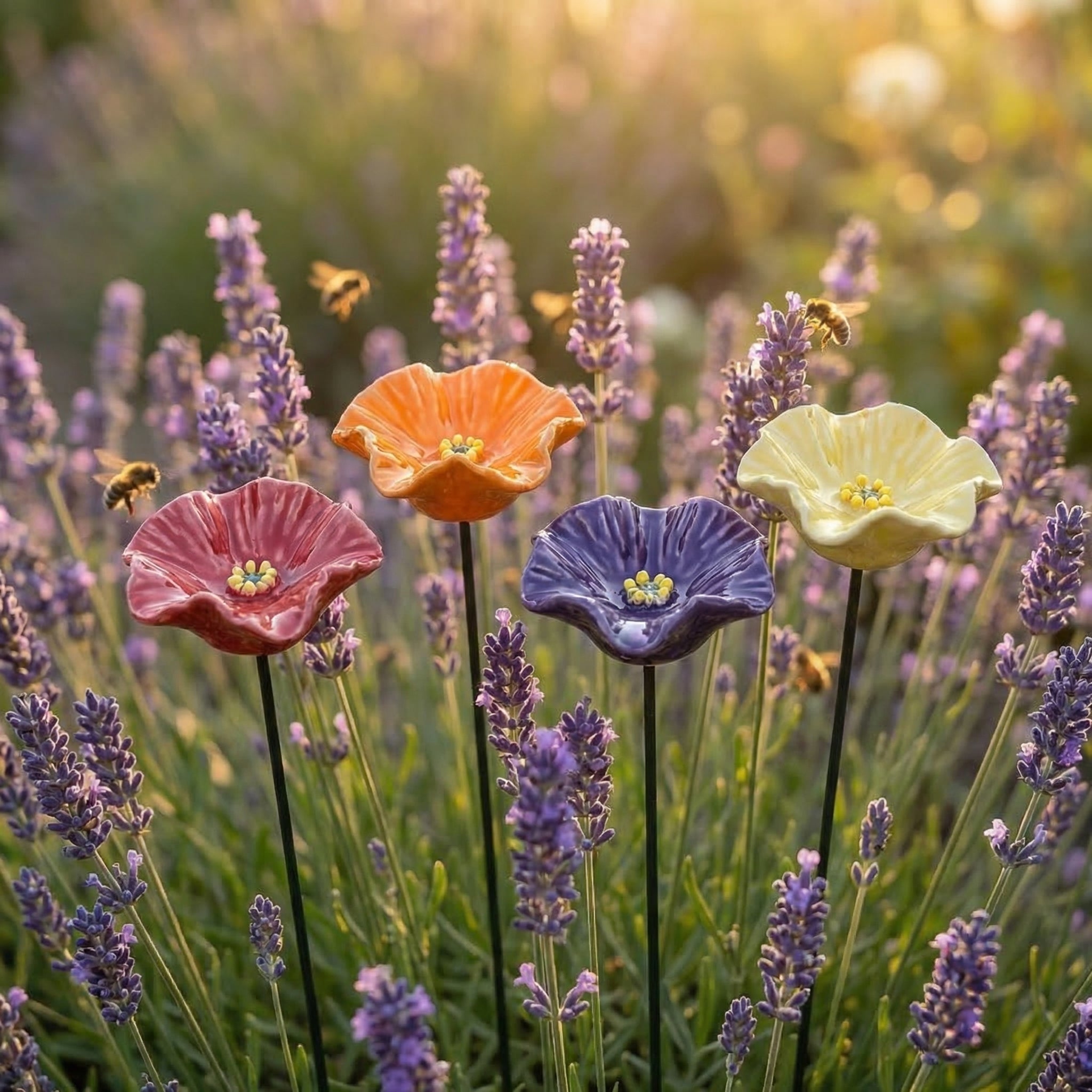 Keramiske Bivandere – 4 Håndlavede Blomsterskåle til Haven