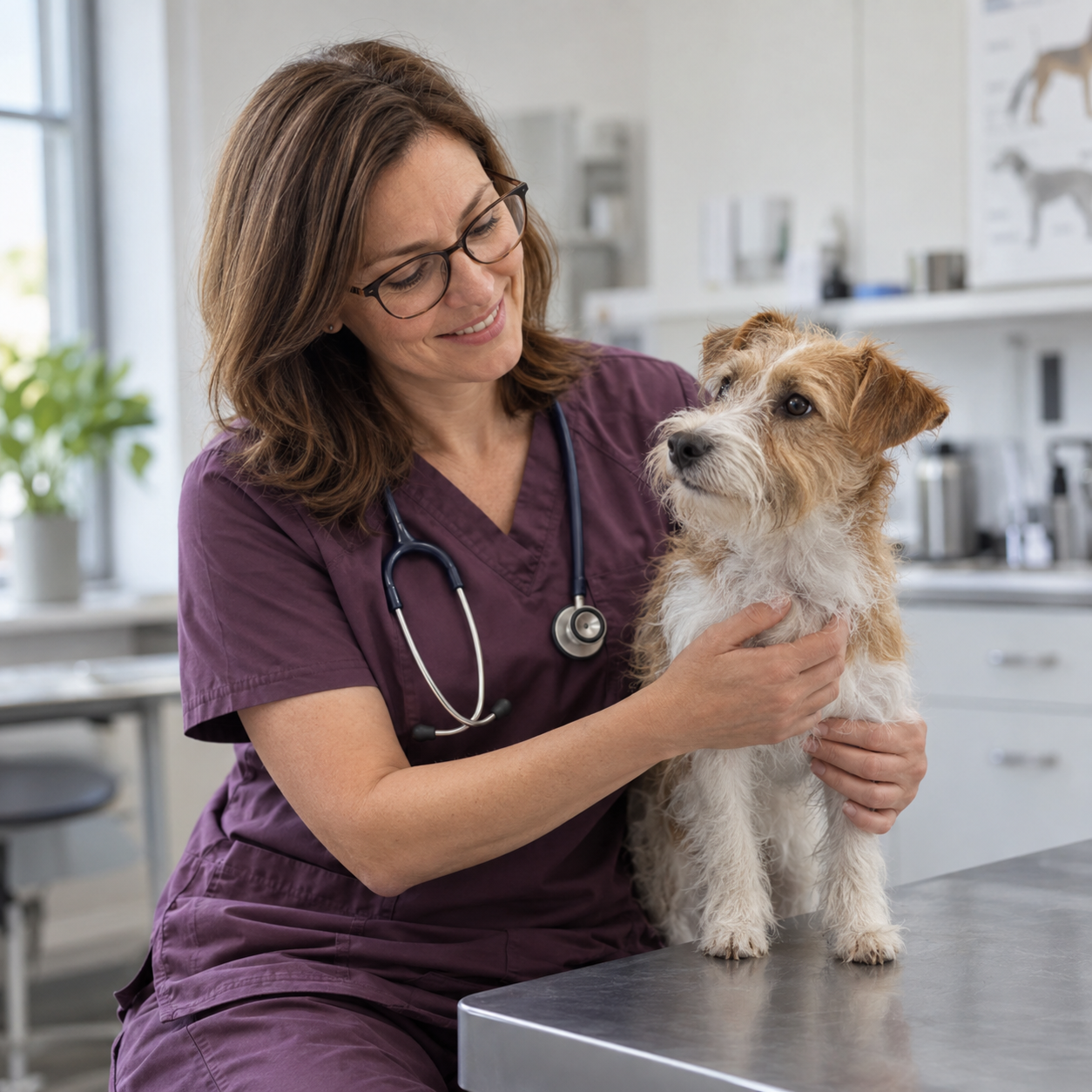 Illustration af en veterinærfaglig konsultation med en lille hund