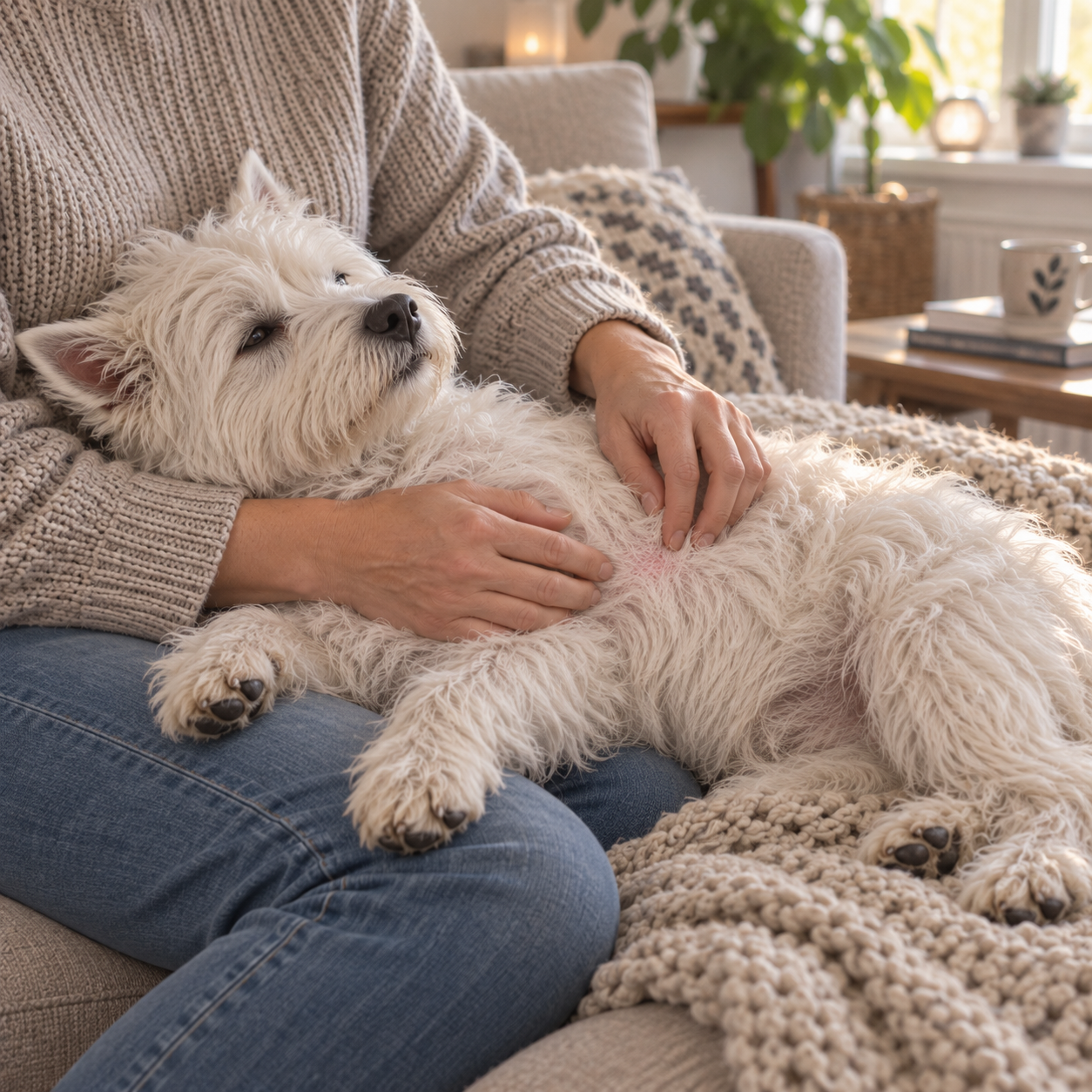 En hvid hund, der bliver børstet efter en måneds rutine