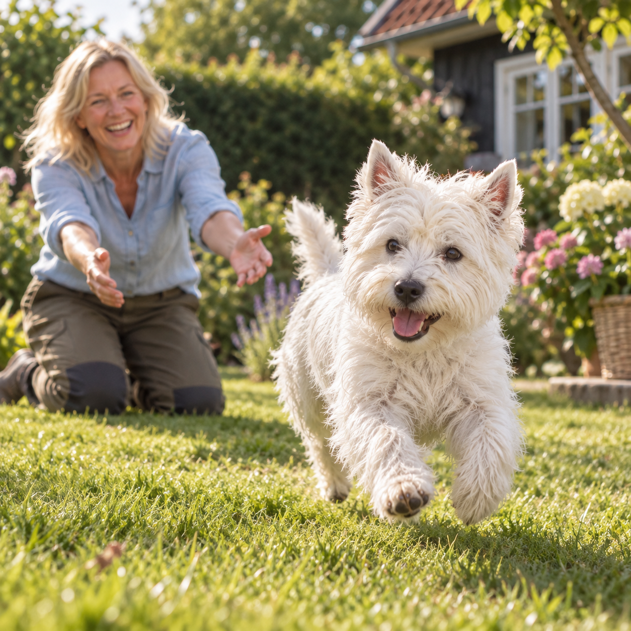 En glad hvid hund sammen med sin ejer i haven efter tre måneder