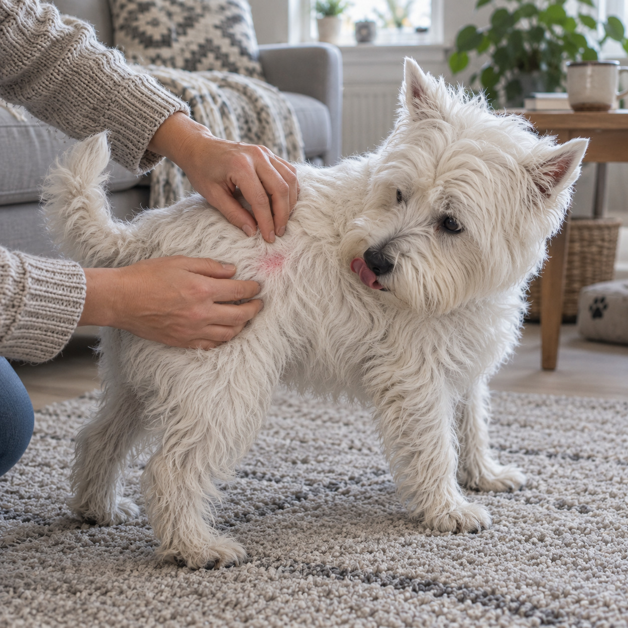 En hvid hund, hvis hud bliver undersøgt inden rutinen begynder