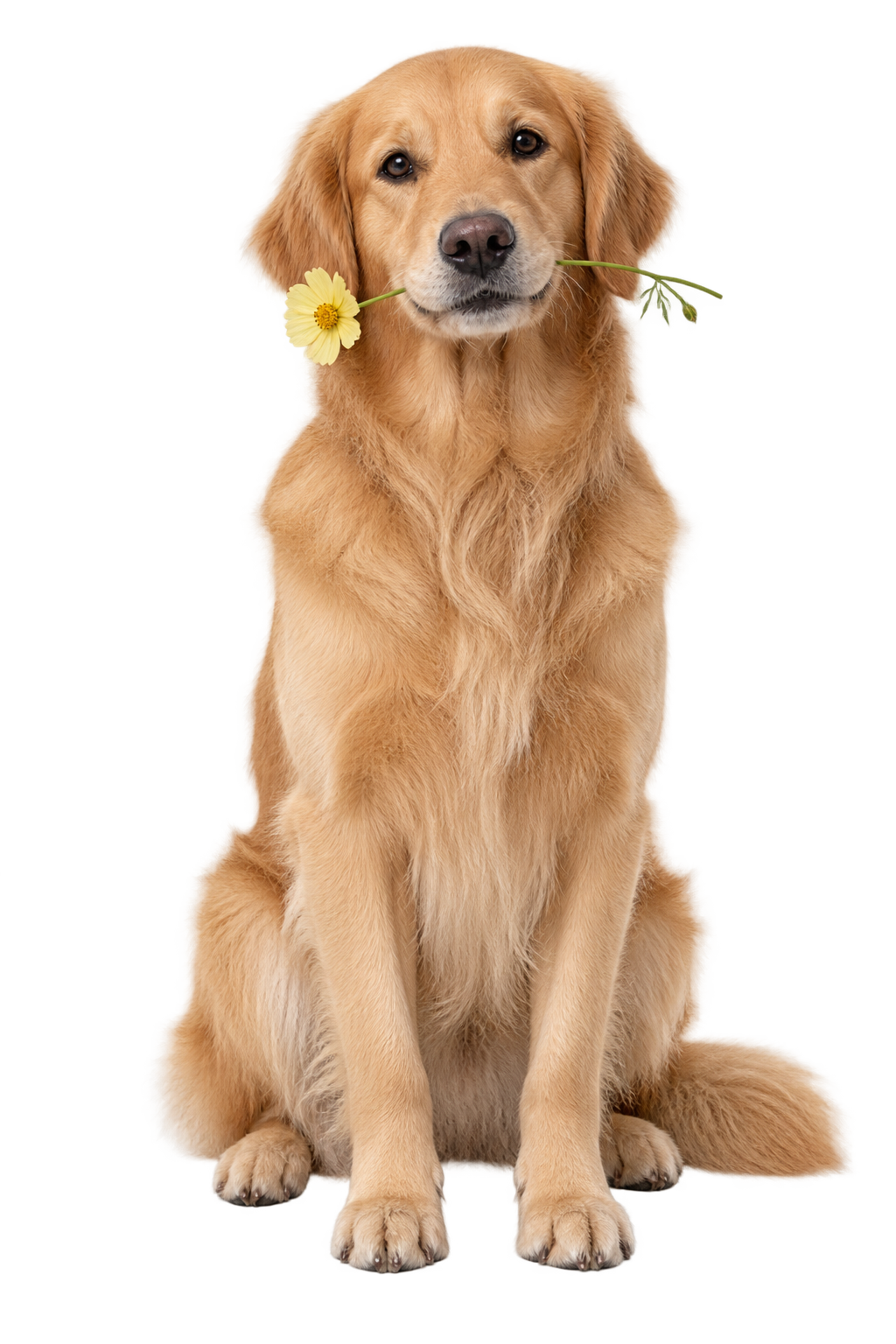 Golden retriever med en blomst i munden