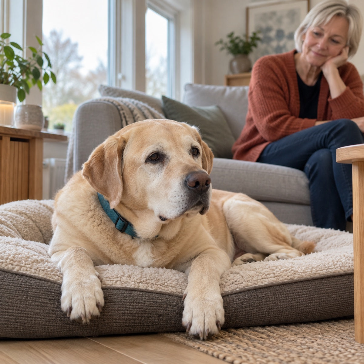 Milo hviler i sin hundeseng før ledrutinen