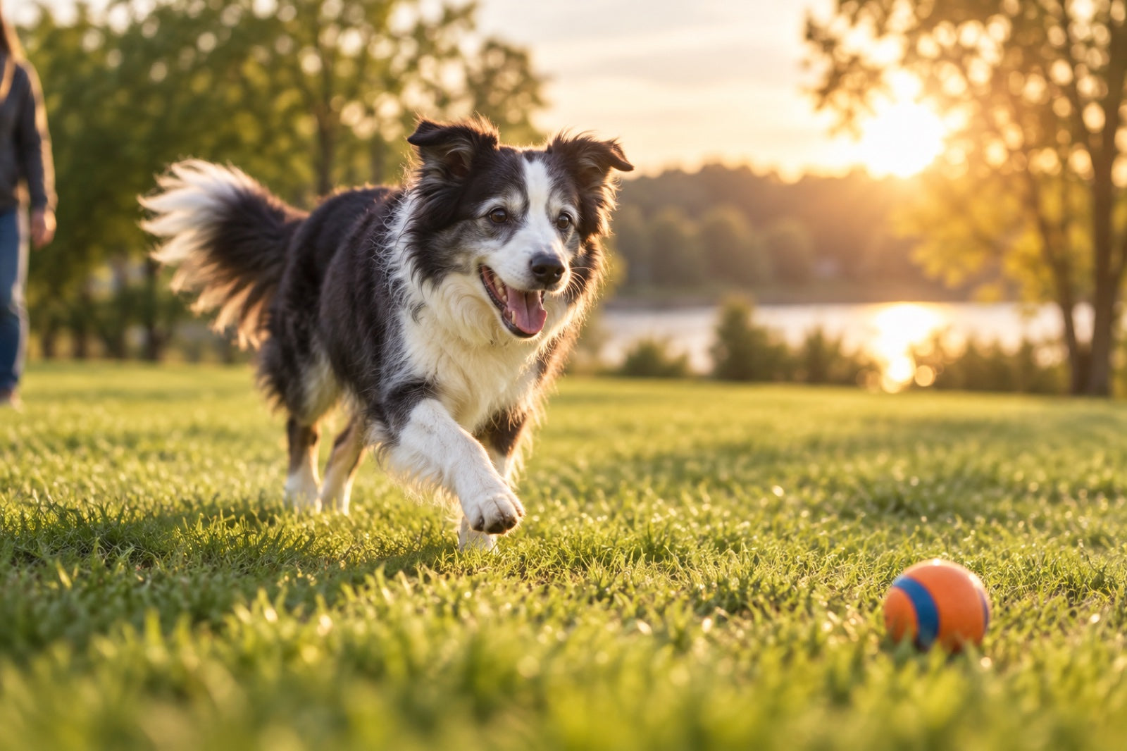 Glad ældre hund, der løber efter en bold i parken